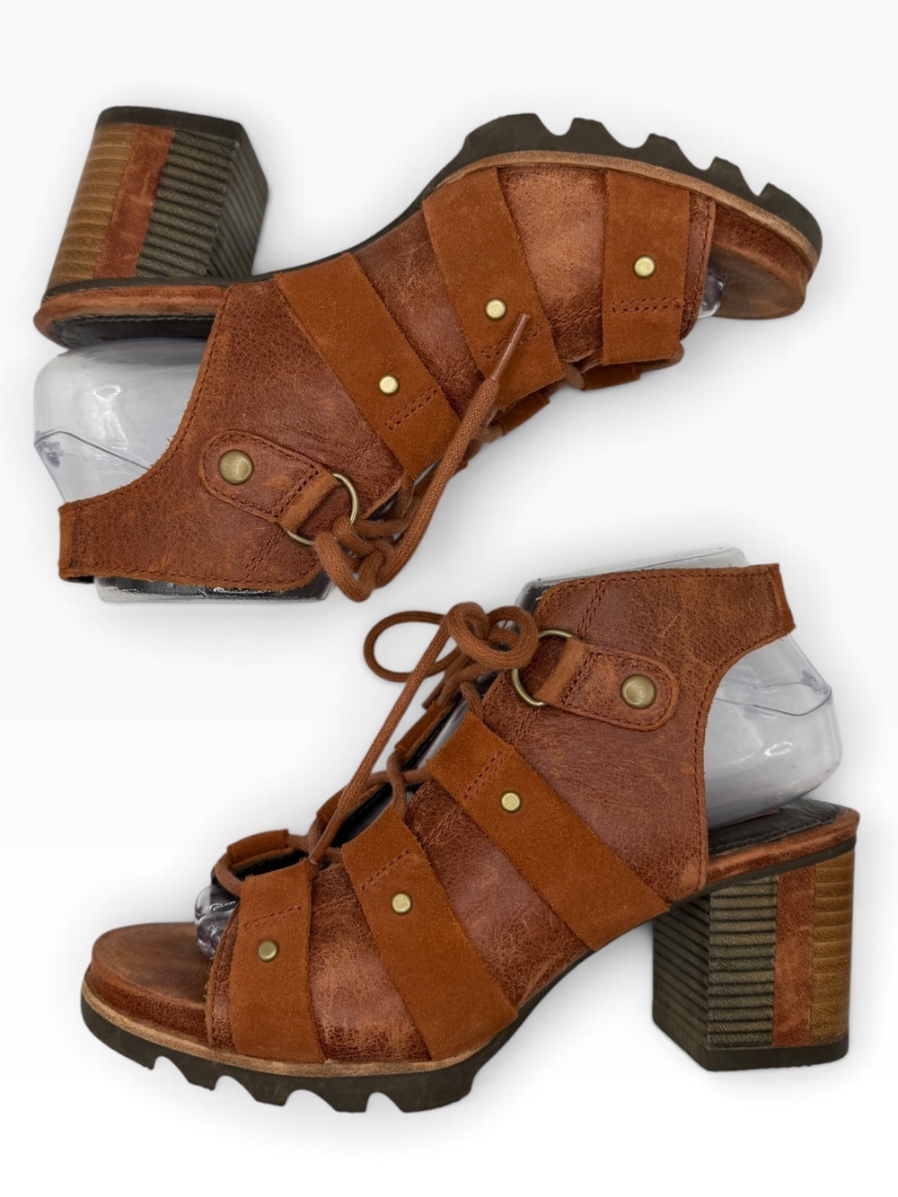 Sorel Red Brown Leather Lace-Up Block Heel Sandals - Size 7